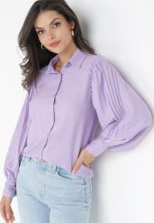 Fioletowa Koszula z Plisowanymi Rękawami Leophone. Fioletowe koszule damskie Born2be, bez wzorów, eleganckie, bez kołnierzyka, bez ramiączek. Za 49.99 zł.