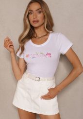 Biały T-shirt z Bawełny Zdobiony Nadrukiem Zarinla. Białe t-shirty damskie Renee, l, z aplikacjami, z bawełny, bez kołnierzyka. Za 29.99 zł.