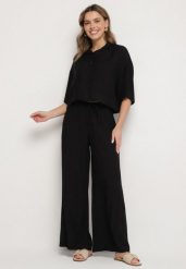 Czarny Wiskozowy Komplet Oversize Koszula z Krótkim Rękawem i Spodnie Dovilissea. Czarne koszule damskie Born2be, m, bez wzorów, z wiskozy, eleganckie, bez kołnierzyka, bez ramiączek. Za 119.99 zł.