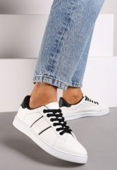 Biało-Czarne Płaskie Sneakersy ze Sznurowaniem Ozdobione Paskami Elithna. Białe obuwie sportowe damskie Born2be, z materiału, bez zapięcia. Za 79.99 zł.