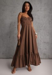 Brązowa Rozkloszowana Sukienka z Bawełny z Wiązanymi Ramiączkami Milistia. Brązowe sukienki damskie Renee, bez wzorów, z bawełny, eleganckie, bez ramiączek. Za 169.99 zł.