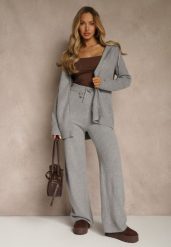 Ciemnoszary Komplet z Wełną i Bawełną Rozpinana Bluza z Kapturem i Szerokie Spodnie Reisema. Szare bluzy damskie Renee, s, bez wzorów, z bawełny, z kapturem. Za 119.99 zł.