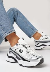 Biało-Srebrne Sneakersy na Masywnej Podeszwie z Licznymi Wstawkami Junioria. Białe obuwie sportowe damskie Born2be, bez zapięcia. Za 109.99 zł.