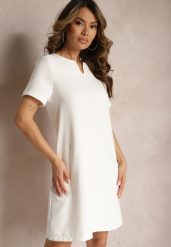 Biała Trapezowa Sukienka Mini z Krótkim Rękawem i Kieszeniami Vrea. Białe sukienki damskie Renee, bez wzorów, eleganckie, bez ramiączek. W wyprzedaży za 83.99 zł.