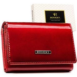 Duży, lakierowany portfel damski ze skóry naturalnej i ekologicznej w czerwonym kolorze, zamykany na zatrzask - Rovicky. Czerwone portfele damskie ROVICKY, bez wzorów, z lakierowanej skóry. Za 74.99 zł.