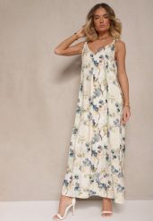 Beżowo-Niebieska Rozkloszowana Sukienka na Ramiączkach z Wiskozą w Kwiatowy Wzór Jenariona. Niebieskie sukienki damskie Renee, z aplikacjami, z wiskozy, eleganckie, bez ramiączek. Za 109.99 zł.