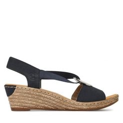 Sandały Rieker. Niebieskie sandały damskie Rieker, bez wzorów, bez obcasa, na koturnie, bez zapięcia. Za 299.99 zł.