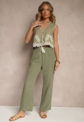 Ciemnozielone Spodnie High Waist z Szeroką Nogawką i Gumką w Pasie Mirarena. Zielone spodnie materiałowe damskie Renee, bez wzorów, z jeansu. Za 39.99 zł.