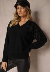 Czarny Sweter o Kroju Nietoperza Ozdobiony Cekinami i Cyrkoniami Nevarraea. Czarne swetry klasyczne damskie Renee, z jeansu, bez kołnierzyka. Za 119.99 zł.
