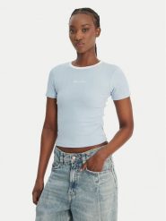 Guess Jeans T-Shirt W6GPA9 KF641 Błękitny Slim Fit. Niebieskie t-shirty damskie Guess Jeans, l, z aplikacjami, z jeansu, bez kołnierzyka. Za 189.99 zł.