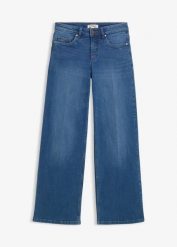 Dżinsy wide leg, średni stan, z bawełny organicznej. Niebieskie jeansy damskie bonprix. Za 169.99 zł.