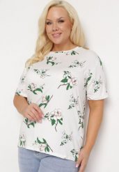 Biały T-shirt Koszulka z Krótkim Rękawem w Kwiaty Henubia. Białe bluzki damskie Born2be, l, bez wzorów, z materiału, bez kołnierzyka, bez ramiączek. Za 29.99 zł.
