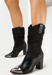 Czarne Botki Kowbojki na Słupku z Ozdobnym Noskiem Aretasia. Czarne botki damskie Born2be, z materiału, eleganckie, bez obcasa, na obcasie, bez zapięcia. Za 169.99 zł.
