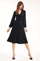 Czarna Elegancka Midi Sukienka z Bufiastym Rękawem. Czarne sukienki damskie Nife, bez wzorów, z elastanu, eleganckie, bez ramiączek. Za 198.90 zł.