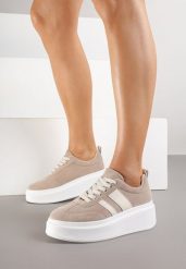 Ciemnobeżowe Sneakersy Kultowe Tenisówki na Platformie z Koturnem Elisara. Brązowe obuwie sportowe damskie Born2be, bez wzorów, z materiału, bez zapięcia. Za 109.99 zł.