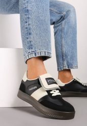 Czarne Sneakersy na Grubej Podeszwie z Kontrastującymi Wstawkami i Wywiniętym Językiem Mirinae. Czarne obuwie sportowe damskie Born2be, z materiału, bez zapięcia. Za 79.99 zł.