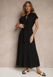 Czarna Koszulowa Sukienka z Wiskozy z Paskiem Rinaira. Czarne sukienki damskie Renee, bez wzorów, z materiału, eleganckie, bez ramiączek. W wyprzedaży za 111.99 zł.