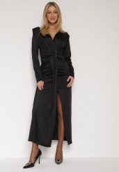 Czarna Elegancka Sukienka z Trenem i Rozcięciem Atissa. Czarne sukienki damskie Born2be, z aplikacjami, eleganckie, bez ramiączek. Za 169.99 zł.