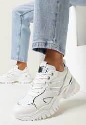 Białe Sznurowane Sneakersy z Wycięciami na Grubej Podeszwie Nelei. Białe obuwie sportowe damskie Born2be, przed kostkę, bez zapięcia. Za 119.99 zł.