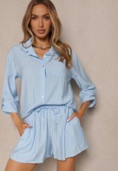 Jasnoniebieski Wiskozowy Komplet Koszula i Szorty Luźne Efrone. Niebieskie koszule damskie Renee, m, bez wzorów, z wiskozy, eleganckie, bez kołnierzyka, bez ramiączek. Za 99.99 zł.