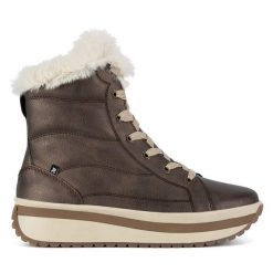 Botki Rieker Revolution Lifestyle. Brązowe botki damskie Rieker Revolution Lifestyle, bez obcasa, na płaskiej podeszwie, bez zapięcia. Za 423.00 zł.