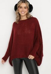 Bordowy Luźny Sweter w Stylu Ponczo Kossela. Czerwone swetry klasyczne damskie Born2be, z jeansu, bez kołnierzyka. Za 84.99 zł.