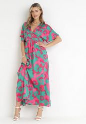 Zielona Rozkloszowana Sukienka Maxi w Kwiaty Olvera. Zielone sukienki damskie Born2be, bez wzorów, bez ramiączek. W wyprzedaży za 152.99 zł.