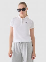 4F Koszulka polo regular damska - biała XL. Białe bluzki damskie 4F, xl, bez wzorów, z bawełny, bez kołnierzyka, bez ramiączek. W wyprzedaży za 59.99 zł.