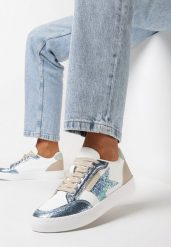 Niebieskie Sneakersy z Brokatową Gwiazdką Tileva. Białe obuwie sportowe damskie Born2be, bez zapięcia. Za 84.99 zł.