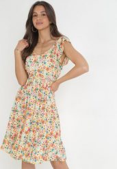 Pomarańczowa Sukienka Mini z Gumką w Pasie i Falbankami z Bawełny Shelbin. Brązowe sukienki damskie Born2be, bez wzorów, z bawełny, bez ramiączek. Za 79.99 zł.