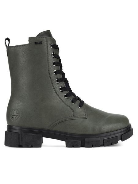 Rieker Trzewiki Y7102-52 Zielony. Zielone botki damskie Rieker, z materiału, bez obcasa, na płaskiej podeszwie, bez zapięcia. Za 299.99 zł.