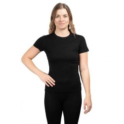 Koszulka trekkingowa damska Merino SS Tee Women. Czarne bluzki damskie Smartwool, xs, bez wzorów, z wełny, sportowe, bez kołnierzyka, bez ramiączek. Za 379.99 zł.