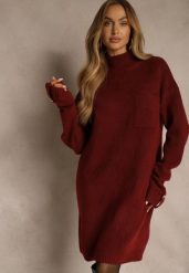 Bordowa Sukienka z Półgolfem z Dzianiny z Wiskozą i Dodatkiem Wełny Nessla. Czerwone sukienki damskie Renee, bez wzorów, z dzianiny, eleganckie, bez ramiączek. Za 139.99 zł.