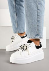 Biało-Czarne Sneakersy na Platformie z Perełkami Przy Sznurowadłach Ulianori. Białe obuwie sportowe damskie Renee, na jesień, z jeansu, bez zapięcia. Za 79.99 zł.
