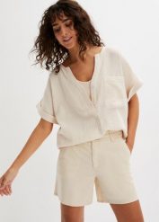 Bluzka muślinowa z krótkim rękawem, z czystej bawełny. Brązowe bluzki damskie bonprix, bez wzorów, z bawełny, eleganckie, bez kołnierzyka, bez ramiączek. Za 99.99 zł.