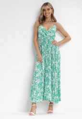 Zielona Plisowana Sukienka Maxi z Kopertowym Dekoltem i Gumką w Pasie Ekeze. Zielone sukienki damskie Born2be, bez wzorów, bez ramiączek. Za 139.99 zł.