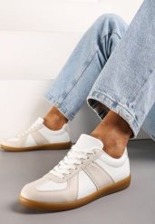 Beżowo-Białe Sneakersy Tenisówki z Ozdobnymi Przeszyciami Sumina. Brązowe obuwie sportowe damskie Renee, z materiału, bez zapięcia, tenisowe. Za 69.99 zł.