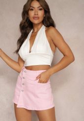Różowe Denimowe Szorty Imitujące Spódnicę z Bawełny High Waist Nellmina. Czerwone szorty damskie Renee, bez wzorów, z bawełny, z podwyższonym stanem. Za 74.99 zł.