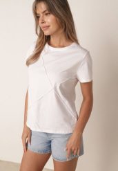 Biały Klasyczny T-shirt z Bawełny Zdobiony Przeszyciami w Romby Onissa. Białe t-shirty damskie Born2be, l, z aplikacjami, z bawełny, bez kołnierzyka. Za 49.99 zł.