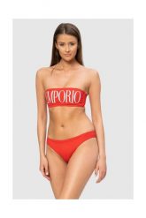 EMPORIO ARMANI Czerwone bikini z białym logo. Czerwone bikini Emporio Armani, bez wzorów, z poliamidu. W wyprzedaży za 329.99 zł.
