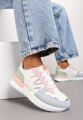 Biało-Niebieskie Płaskie Sneakersy ze Sznurowaniem z Metalicznymi Wstawkami Remarie. Białe obuwie sportowe damskie Renee, z materiału, bez zapięcia. Za 89.99 zł.