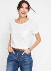 Długi T-shirt z czystej bawełny organicznej. Białe t-shirty damskie bonprix, bez wzorów, z bawełny, bez kołnierzyka. Za 39.99 zł.