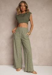 Zielone Bawełniane Haftowane Spodnie High Waist o Szerokim Kroju Milirelia. Zielone spodnie materiałowe damskie Renee, z aplikacjami, z bawełny. Za 99.99 zł.
