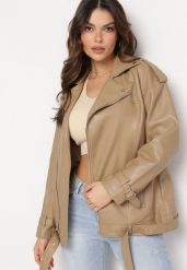 Beżowa Kurtka Ramoneska z Ozdobnym Paskiem z Ekoskóry Kotiara. Brązowe kurtki damskie Born2be, l, bez wzorów, bez kaptura. Za 119.99 zł.