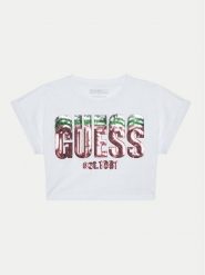 Guess T-Shirt J5RI10 K8HM4 Biały Regular Fit. Białe koszulki i t-shirty dziewczęce Guess, z aplikacjami, z bawełny, bez kołnierzyka, bez ramiączek. Za 59.99 zł.