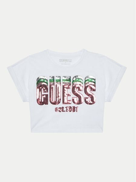 Guess T-Shirt J5RI10 K8HM4 Biały Regular Fit. Białe koszulki i t-shirty dziewczęce Guess, z aplikacjami, z bawełny, bez kołnierzyka, bez ramiączek. Za 59.99 zł.