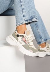 Beżowo-Zielone Sneakersy na Grubej Podeszwie z Tłoczeniami Lilasea. Brązowe obuwie sportowe damskie Born2be, z jeansu, bez zapięcia. Za 119.99 zł.