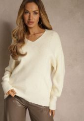 Jasnobeżowy Sweter z Dodatkiem Kaszmiru i Trójkątnym Dekoltem Silefera. Brązowe swetry klasyczne damskie Renee, z jeansu, bez kołnierzyka. Za 99.99 zł.