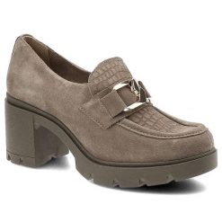 Półbuty damskie Lemar, naturalna skóra zamszowa masywna podeszwa na stabilnym obcasie dekoracyjny pasek, taupe-złote, 20097-W. Szare półbuty damskie Lemar, bez wzorów, ze skóry, bez obcasa, na obcasie, bez zapięcia. Za 249.00 zł.