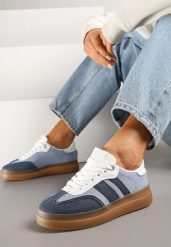 Niebiesko-Granatowe Sneakersy Tenisówki Ozdobione Paskami Falaviela. Niebieskie obuwie sportowe damskie Renee, bez wzorów, z jeansu, bez zapięcia. Za 79.99 zł.